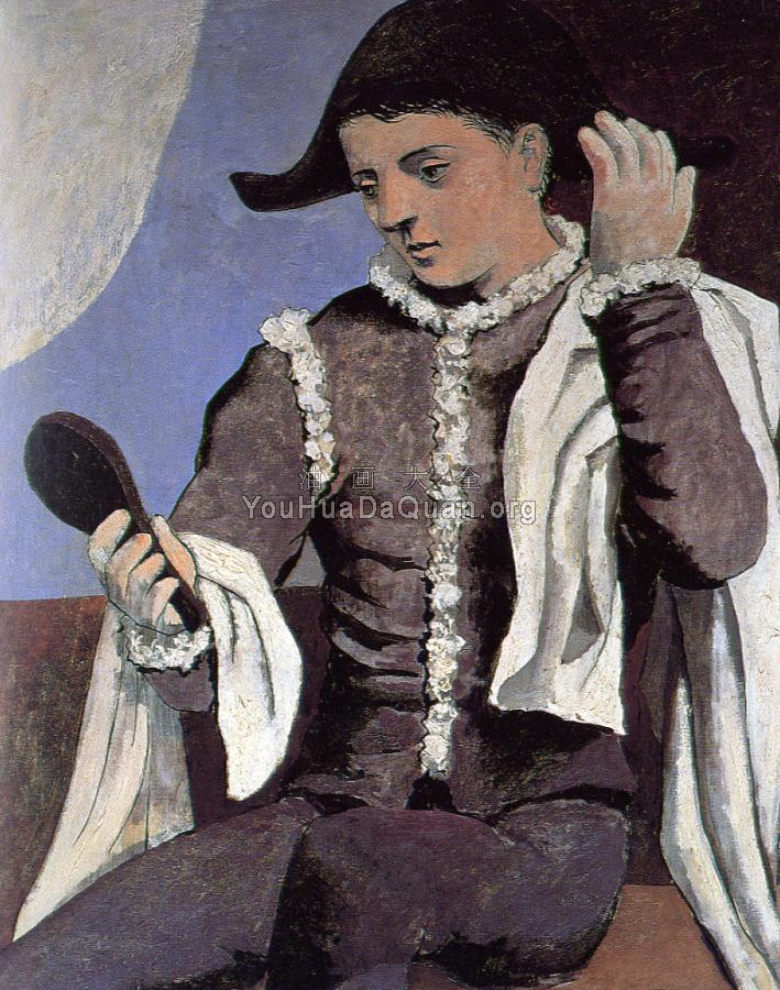 持镜子坐着的小丑 - 巴勃罗·毕加索